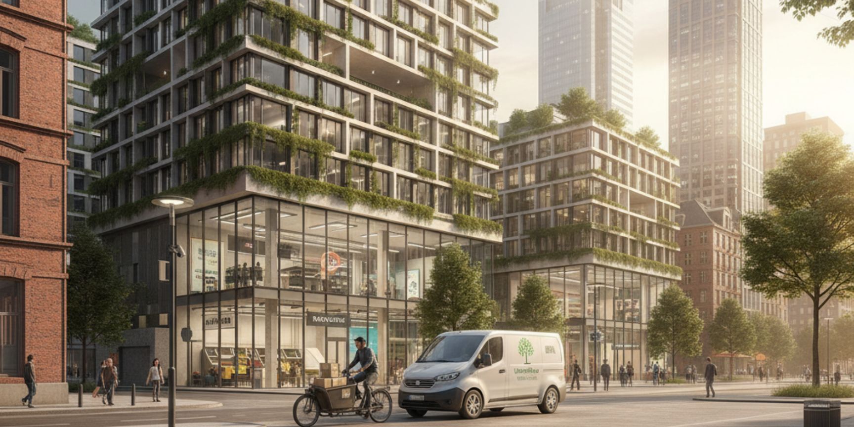 Moderne City-Logistik-Szene mit einem grünen Lieferfahrzeug, einem Lastenrad und einer Lieferdrohne vor nachhaltiger Architektur in einer urbanen Umgebung.